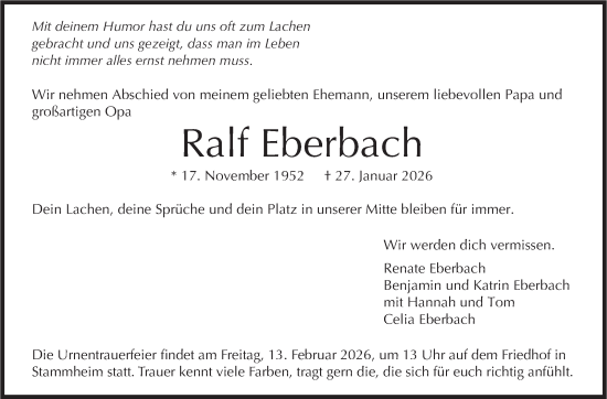 Traueranzeige von Ralf Eberbach von Stuttgarter Zeitung / Stuttgarter Nachrichten