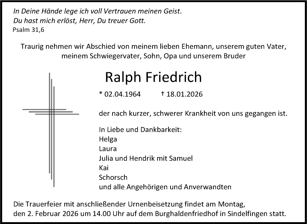  Traueranzeige für Ralph Friedrich vom 26.01.2026 aus Kreiszeitung Böblinger Bote