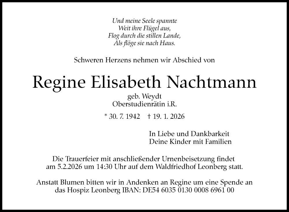  Traueranzeige für Regine Elisabeth Nachtmann vom 31.01.2026 aus Leonberger Kreiszeitung / Strohgäu Extra