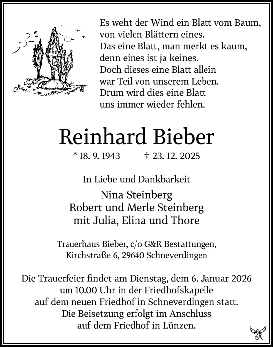 Traueranzeige von Reinhard Bieber von Stuttgarter Zeitung / Stuttgarter Nachrichten