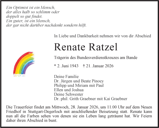 Traueranzeige von Renate Ratzel von Stuttgarter Zeitung / Stuttgarter Nachrichten