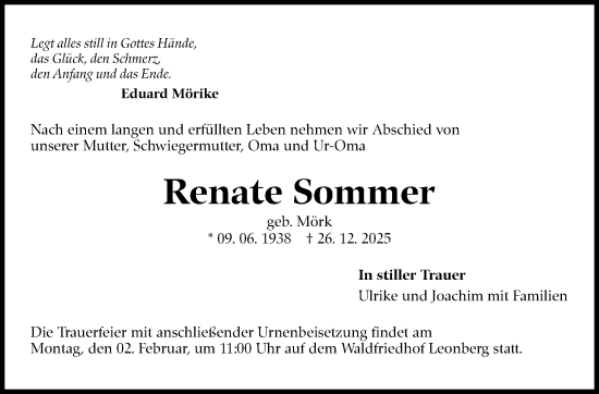 Traueranzeige von Renate Sommer von Leonberger Kreiszeitung / Strohgäu Extra