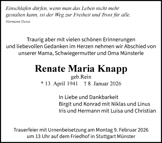 Traueranzeige von Renate Maria Knapp von Stuttgarter Zeitung / Stuttgarter Nachrichten