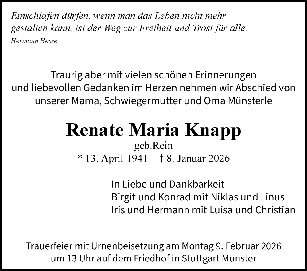  Traueranzeige für Renate Maria Knapp vom 31.01.2026 aus Stuttgarter Zeitung / Stuttgarter Nachrichten