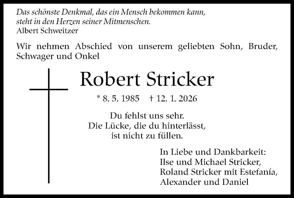  Traueranzeige für Robert Stricker vom 21.01.2026 aus Stuttgarter Zeitung / Stuttgarter Nachrichten