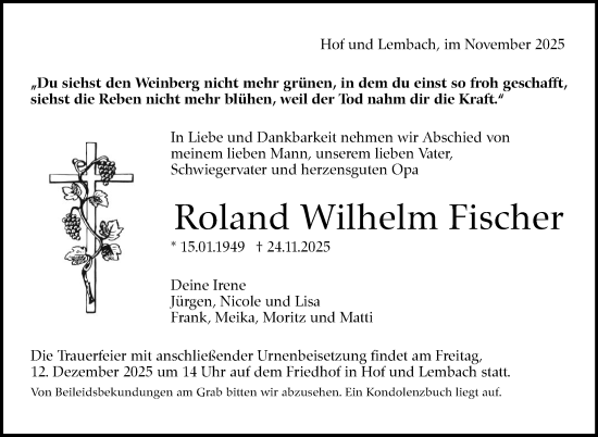 Traueranzeige von Roland Wilhelm Fischer von Marbacher Zeitung