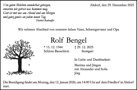Traueranzeige von Rolf Bengel von Kreiszeitung Böblinger Bote
