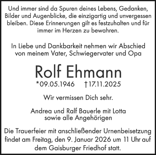 Traueranzeige von Rolf Ehmann von Stuttgarter Zeitung / Stuttgarter Nachrichten