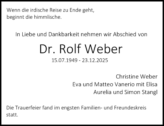 Traueranzeige von Rolf Weber von Stuttgarter Zeitung / Stuttgarter Nachrichten