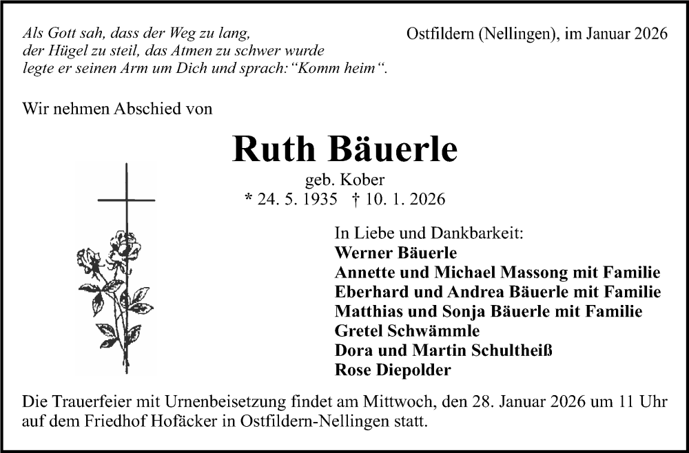  Traueranzeige für Ruth Bäuerle vom 19.01.2026 aus Eßlinger Zeitung