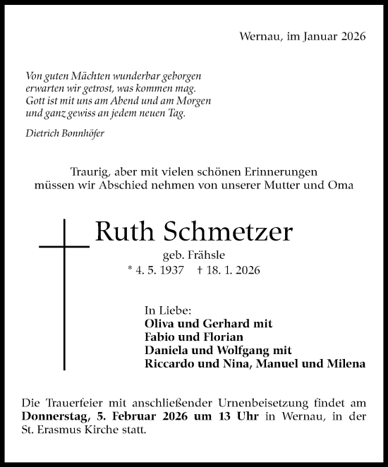 Traueranzeige von Ruth Schmetzer von Eßlinger Zeitung