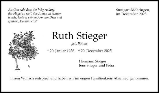Traueranzeige von Ruth Stieger von Stuttgarter Zeitung / Stuttgarter Nachrichten
