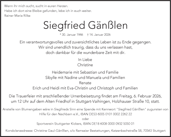 Traueranzeige von Siegfried Gänßlen von Stuttgarter Zeitung / Stuttgarter Nachrichten
