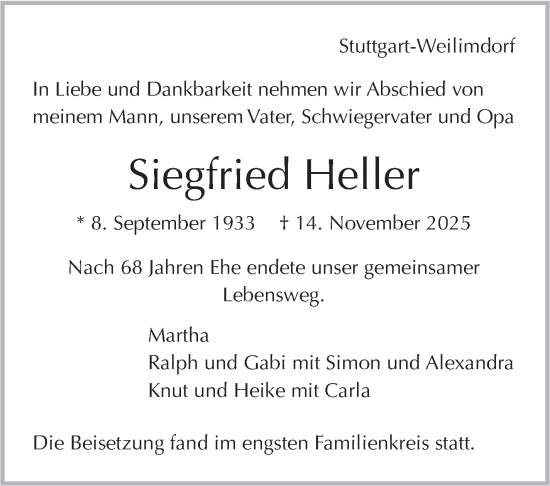 Traueranzeige von Siegfried Heller von Stuttgarter Zeitung / Stuttgarter Nachrichten