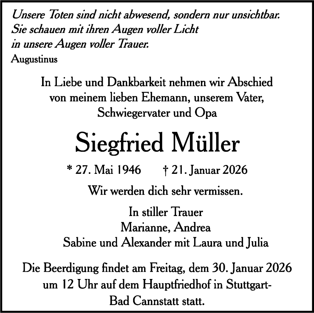  Traueranzeige für Siegfried Müller vom 27.01.2026 aus Stuttgarter Zeitung / Stuttgarter Nachrichten
