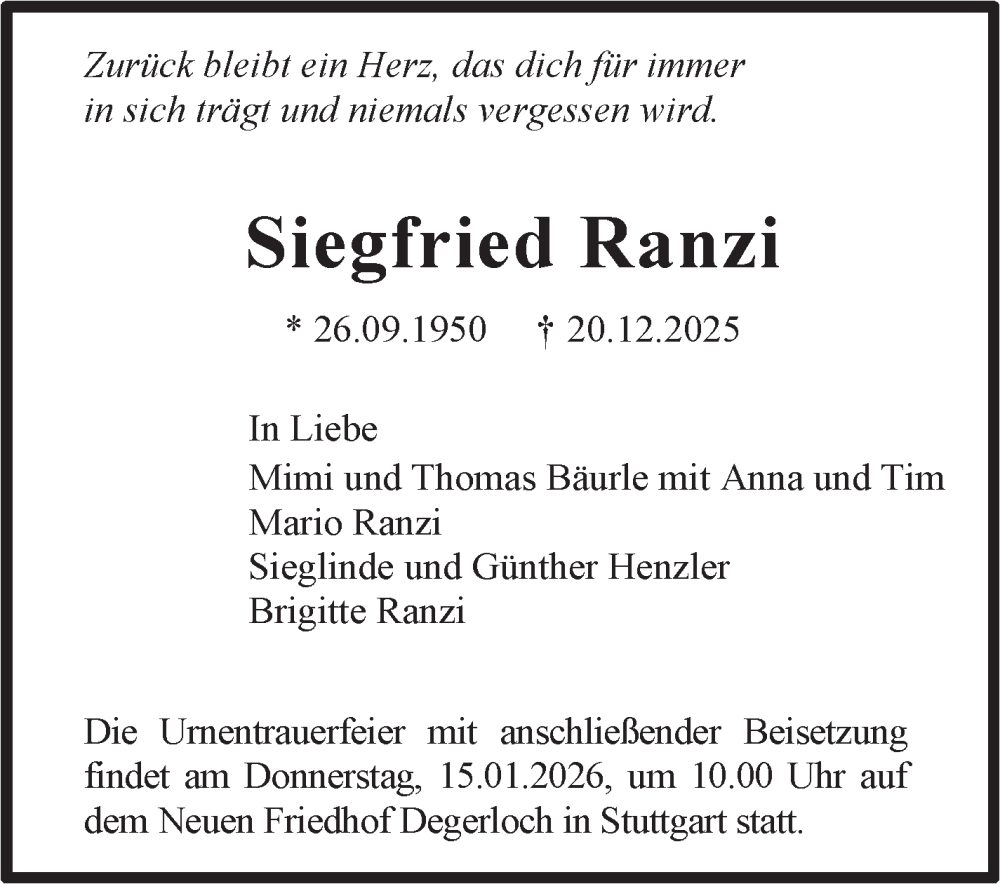  Traueranzeige für Siegfried Ranzi vom 12.01.2026 aus Stuttgarter Zeitung / Stuttgarter Nachrichten
