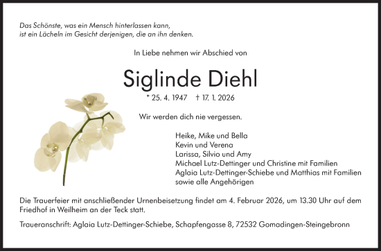Traueranzeige von Siglinde Diehl von Eßlinger Zeitung