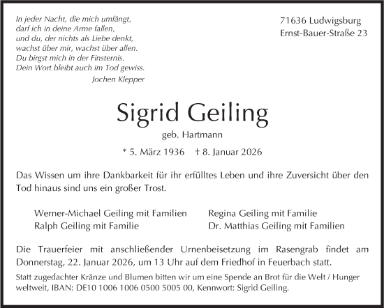 Traueranzeige von Sigrid Geiling von Stuttgarter Zeitung / Stuttgarter Nachrichten