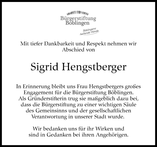 Traueranzeige von Sigrid Hengstberger von Kreiszeitung Böblinger Bote