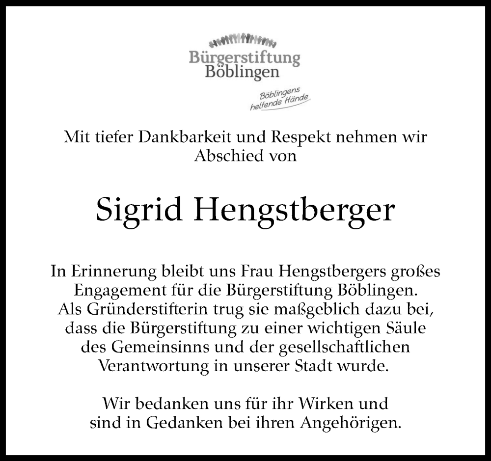  Traueranzeige für Sigrid Hengstberger vom 16.01.2026 aus Kreiszeitung Böblinger Bote