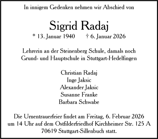 Traueranzeige von Sigrid Radaj von Stuttgarter Zeitung / Stuttgarter Nachrichten