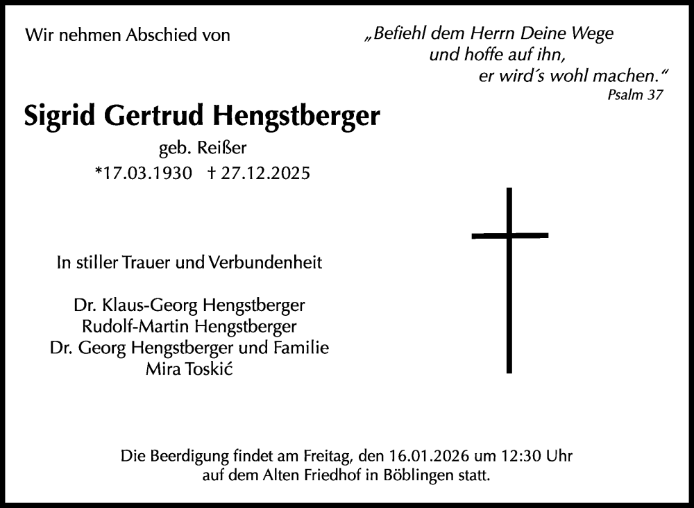  Traueranzeige für Sigrid Gertrud Hengstberger vom 09.01.2026 aus Kreiszeitung Böblinger Bote