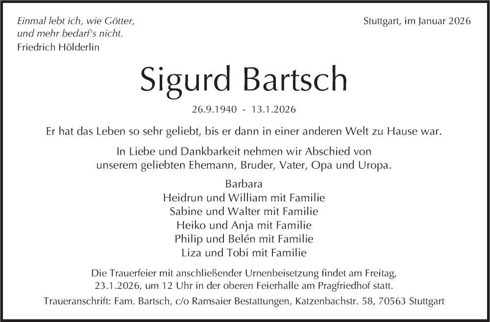 Traueranzeige für Sigurd Bartsch vom 17.01.2026 aus Stuttgarter Zeitung / Stuttgarter Nachrichten