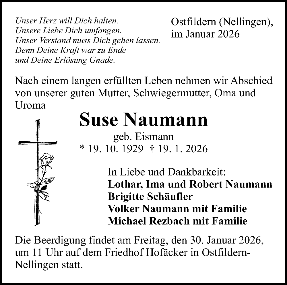  Traueranzeige für Suse Naumann vom 24.01.2026 aus Eßlinger Zeitung