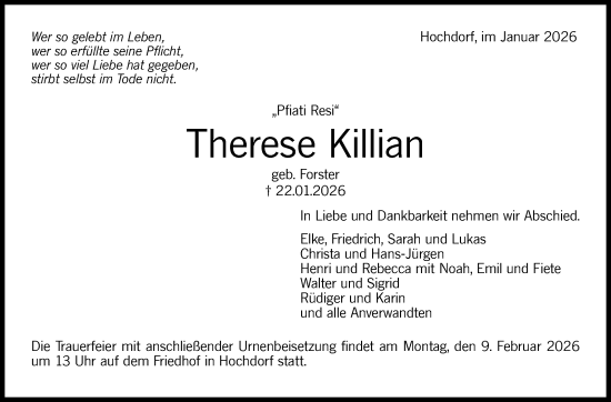 Traueranzeige von Therese Killian von Eßlinger Zeitung