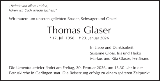 Traueranzeige von Thomas Glaser von Stuttgarter Zeitung / Stuttgarter Nachrichten