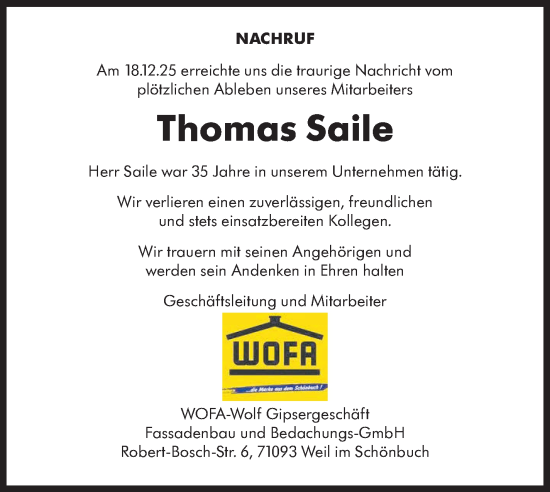 Traueranzeige von Thomas Saile von Kreiszeitung Böblinger Bote