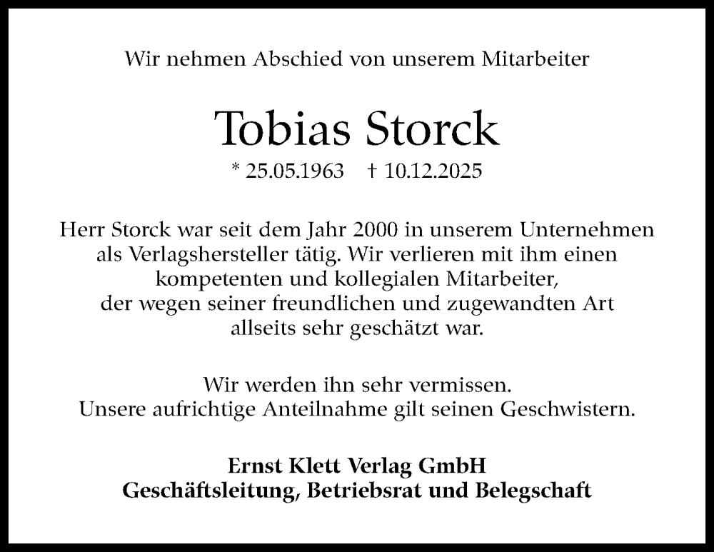  Traueranzeige für Tobias Storck vom 17.01.2026 aus Stuttgarter Zeitung / Stuttgarter Nachrichten