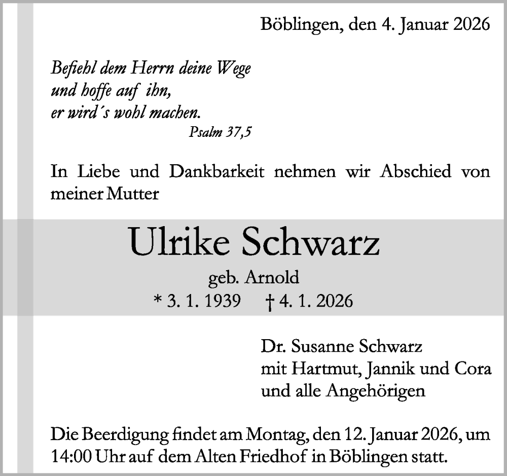  Traueranzeige für Ulrike Schwarz vom 10.01.2026 aus Kreiszeitung Böblinger Bote