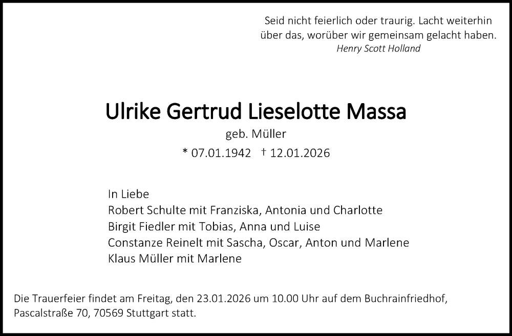  Traueranzeige für Ulrike Gertrud Lieselotte Massa vom 17.01.2026 aus Stuttgarter Zeitung / Stuttgarter Nachrichten