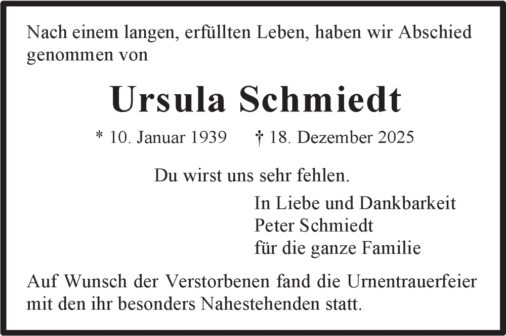  Traueranzeige für Ursula Schmiedt vom 31.01.2026 aus Stuttgarter Zeitung / Stuttgarter Nachrichten