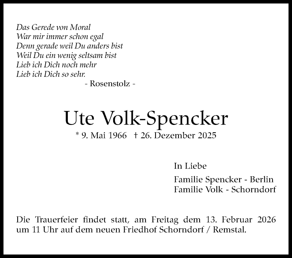  Traueranzeige für Ute Volk-Spencker vom 22.01.2026 aus Stuttgarter Zeitung / Stuttgarter Nachrichten