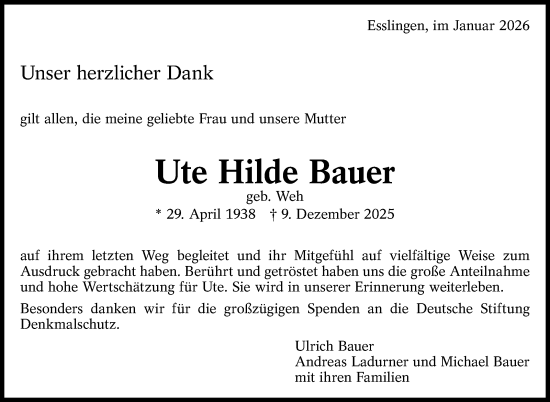 Traueranzeige von Ute Hilde Bauer von Eßlinger Zeitung