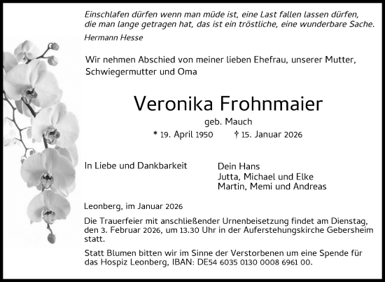 Traueranzeige von Veronika Frohnmaier von Leonberger Kreiszeitung / Strohgäu Extra