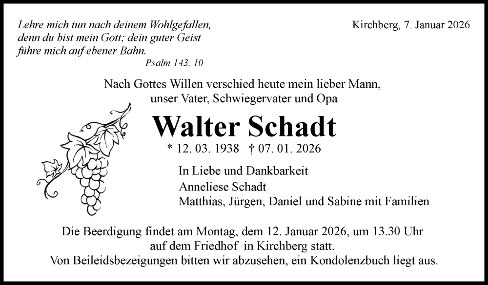  Traueranzeige für Walter Schadt vom 09.01.2026 aus Marbacher Zeitung