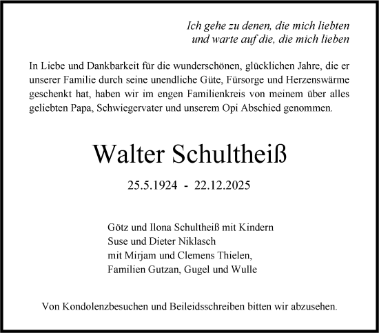 Traueranzeige von Walter Schultheiß von Stuttgarter Zeitung / Stuttgarter Nachrichten
