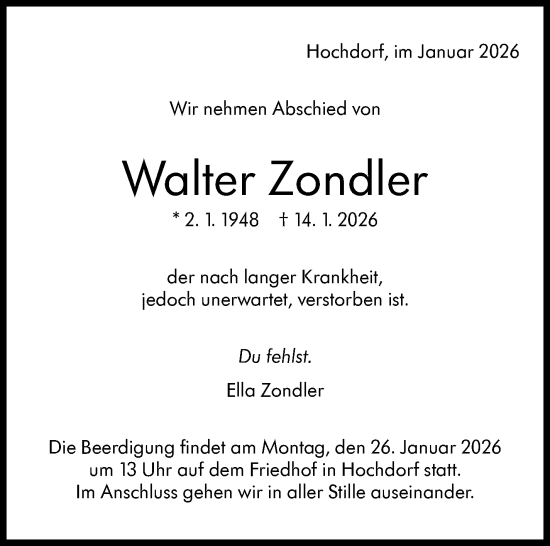 Traueranzeige von Walter Zondler von Eßlinger Zeitung