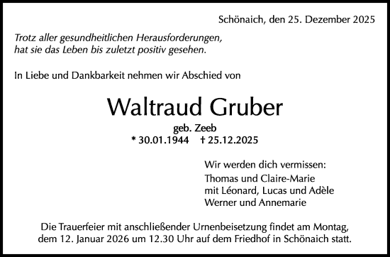 Traueranzeige von Waltraud Gruber von Kreiszeitung Böblinger Bote