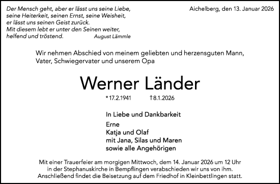 Traueranzeige von Werner Länder von Eßlinger Zeitung