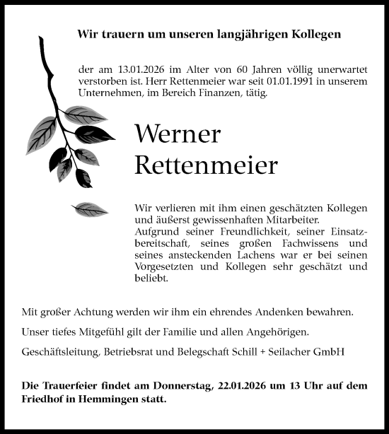 Traueranzeige von Werner Rettenmeier von Kreiszeitung Böblinger Bote