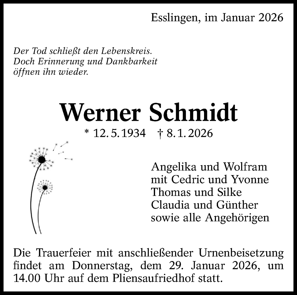  Traueranzeige für Werner Schmidt vom 17.01.2026 aus Eßlinger Zeitung