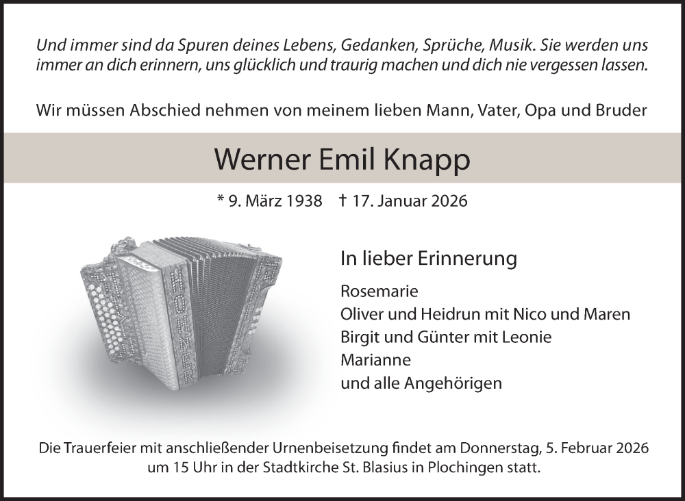  Traueranzeige für Werner Emil Knapp vom 31.01.2026 aus Eßlinger Zeitung