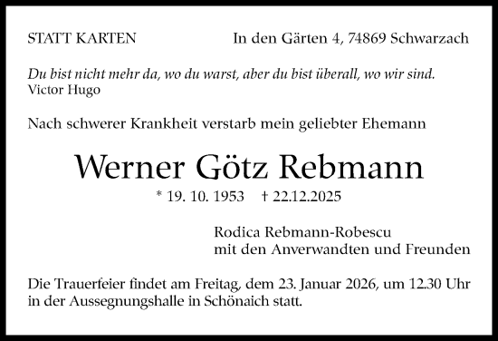 Traueranzeige von Werner Götz Rebmann von Kreiszeitung Böblinger Bote