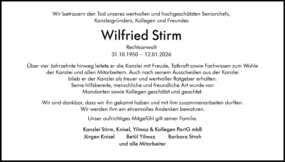  Traueranzeige für Wilfried Stirm vom 19.01.2026 aus Stuttgarter Zeitung / Stuttgarter Nachrichten