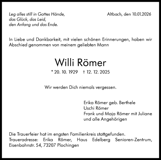 Traueranzeige von Willi Römer von Eßlinger Zeitung