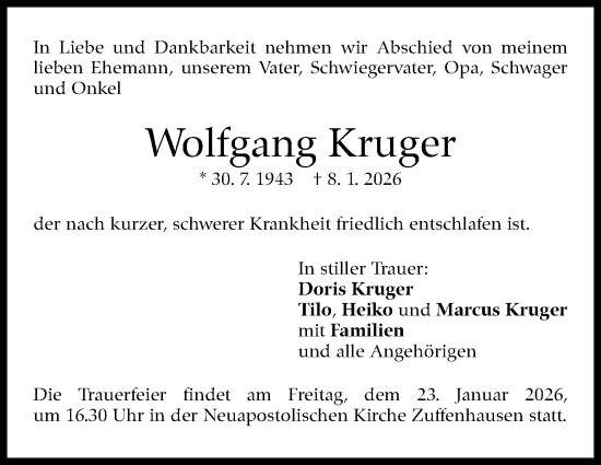 Traueranzeige von Wolfgang Kruger von Stuttgarter Zeitung / Stuttgarter Nachrichten